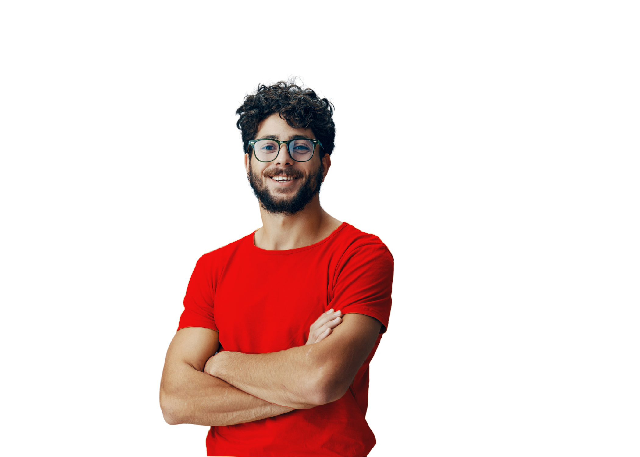 Smiling man in red shirt representing safety and trust